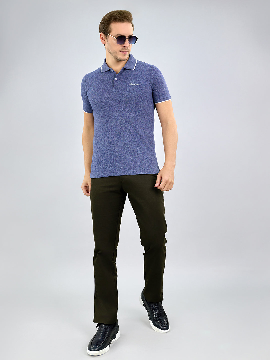 Men Blue Solid Polo Collar Half Sleeve T-Shirt