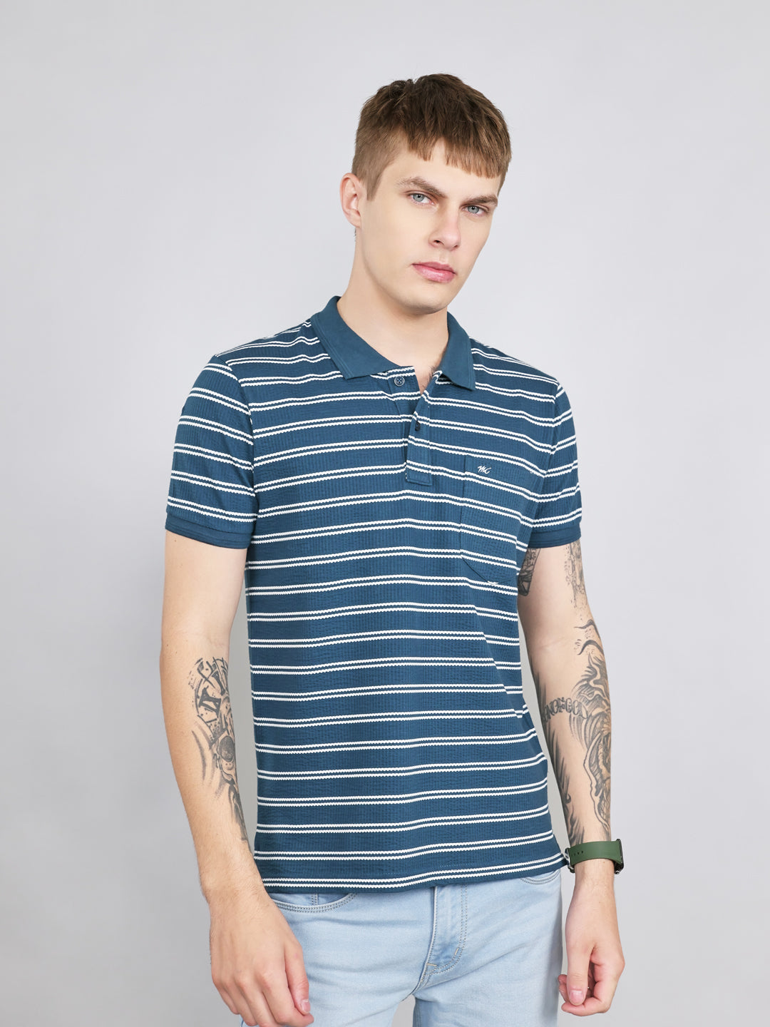 Men Teal Blue Stripe Collar Half Sleeve T-Shirt