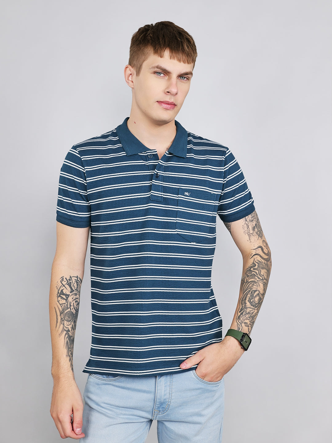 Men Teal Blue Stripe Collar Half Sleeve T-Shirt