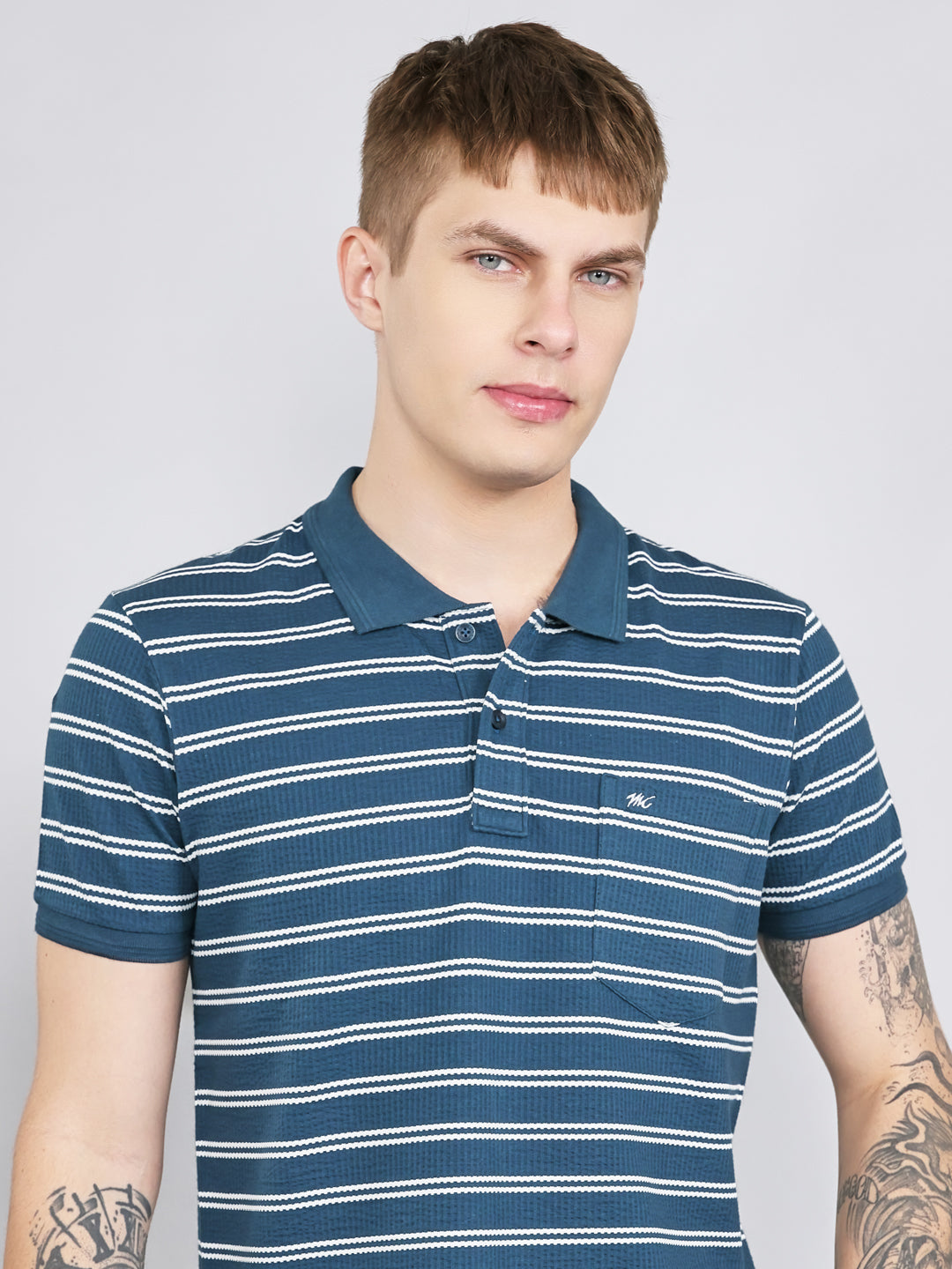 Men Teal Blue Stripe Collar Half Sleeve T-Shirt