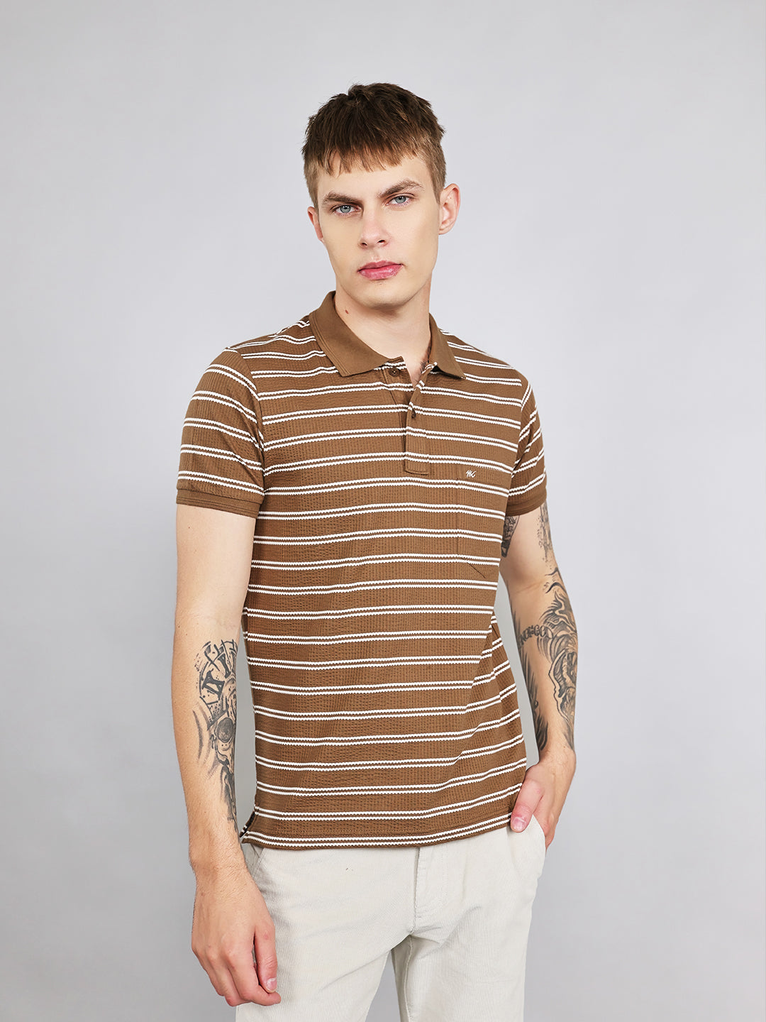 Men Brown Stripe Collar Half Sleeve T-Shirt