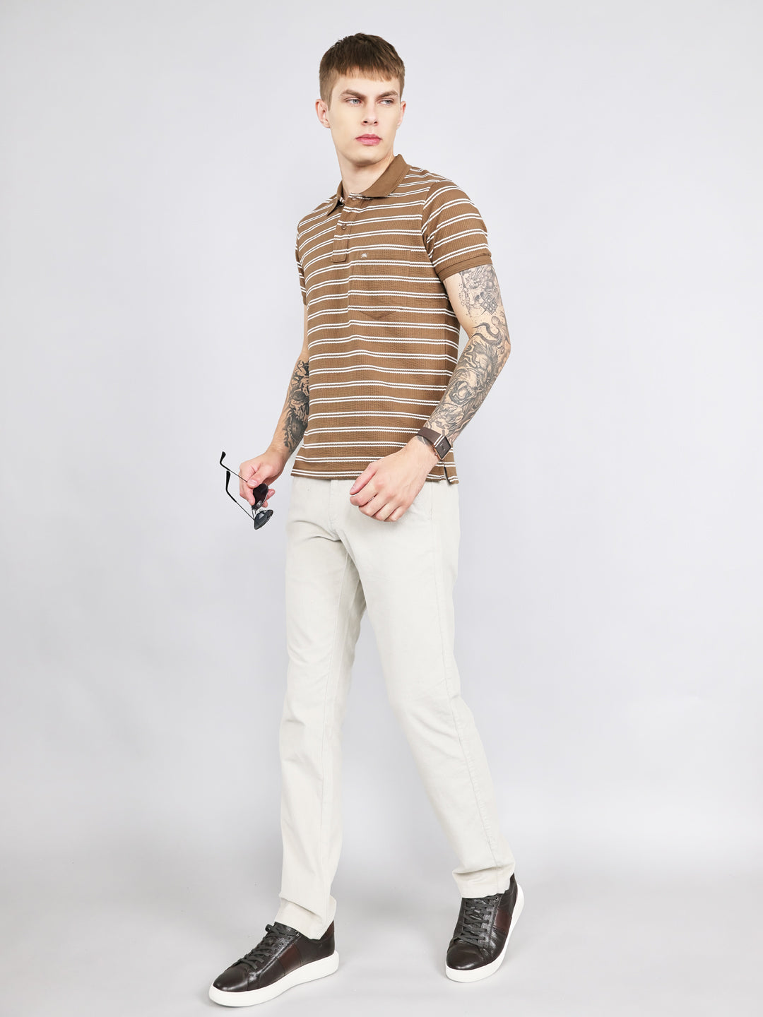 Men Brown Stripe Collar Half Sleeve T-Shirt