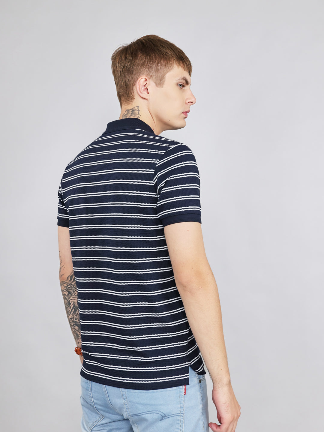 Men Navy Blue Stripe Collar Half Sleeve T-Shirt