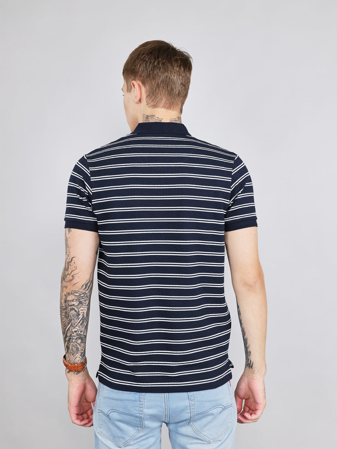 Men Navy Blue Stripe Collar Half Sleeve T-Shirt