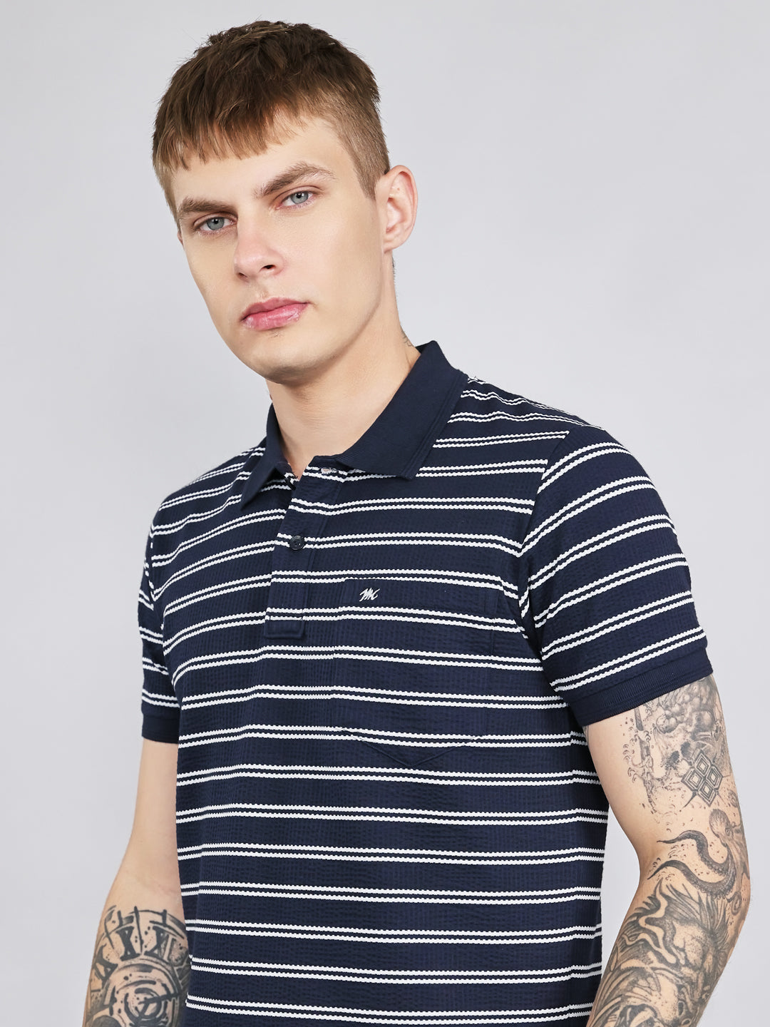 Men Navy Blue Stripe Collar Half Sleeve T-Shirt