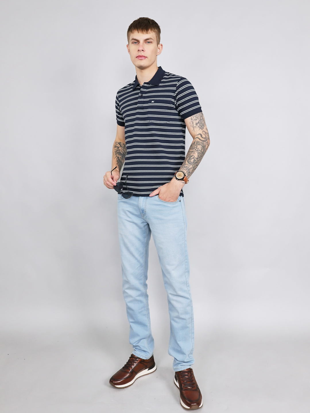 Men Navy Blue Stripe Collar Half Sleeve T-Shirt