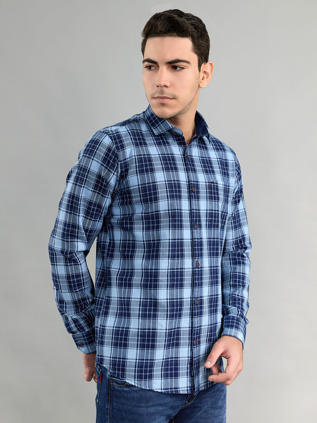 Men Navy Blue Check Collar Full Sleeve Shirt