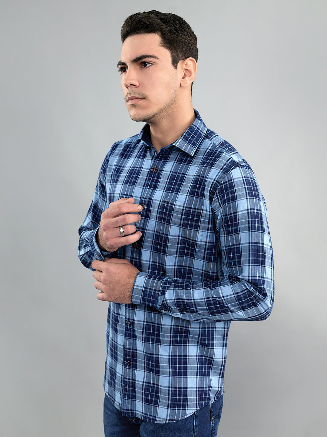 Men Navy Blue Check Collar Full Sleeve Shirt