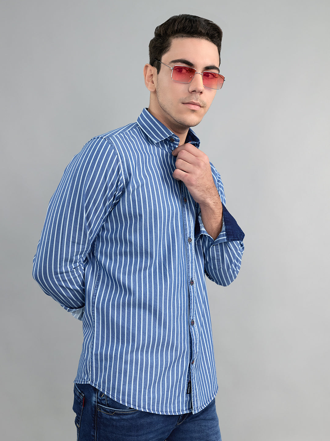 Men Blue Stripe Collar Full Sleeve Shirt