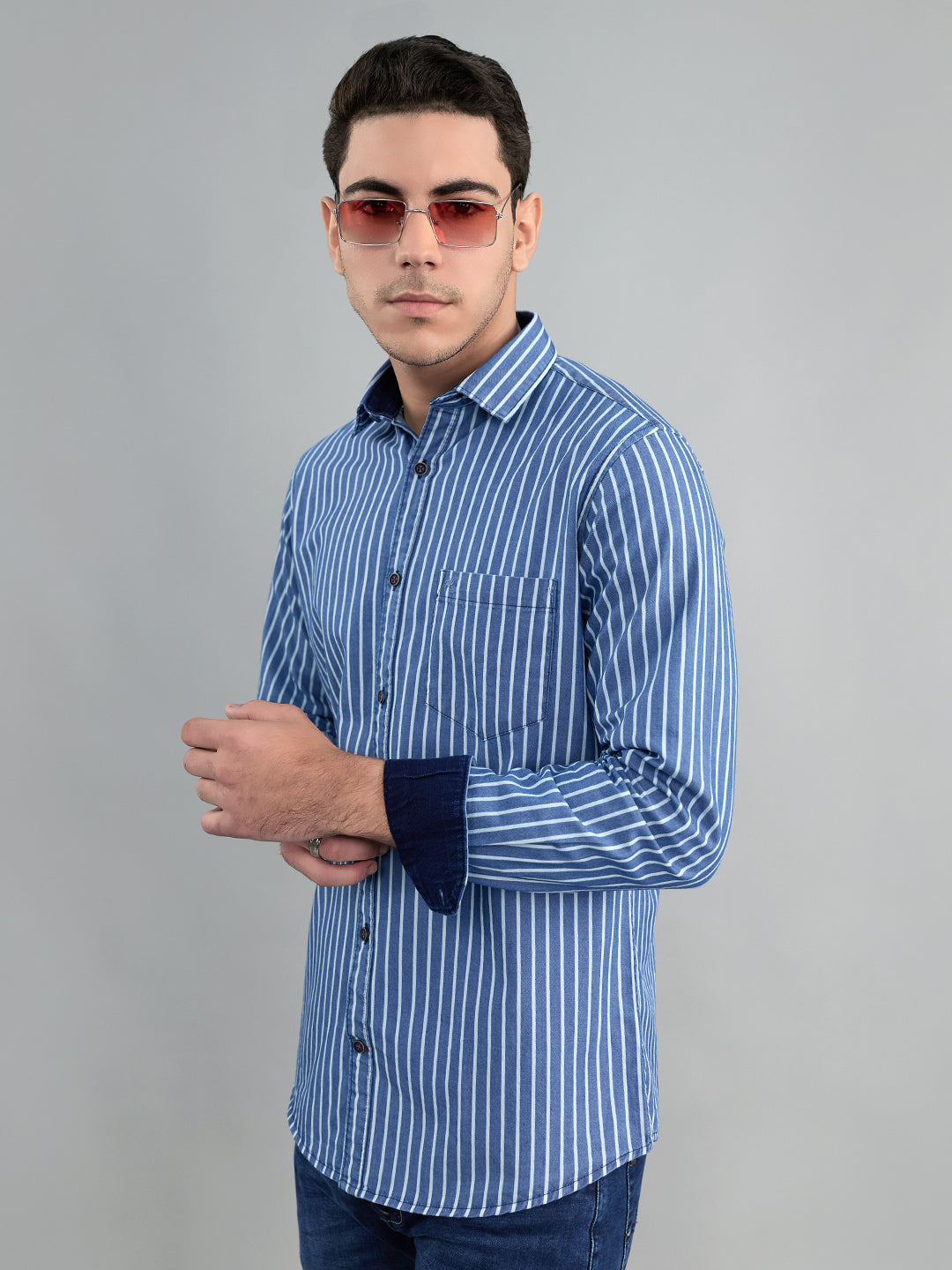 Men Blue Stripe Collar Full Sleeve Shirt