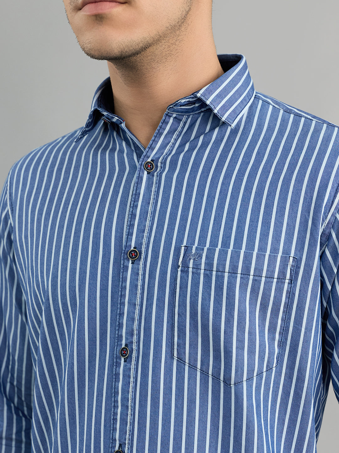 Men Blue Stripe Collar Full Sleeve Shirt