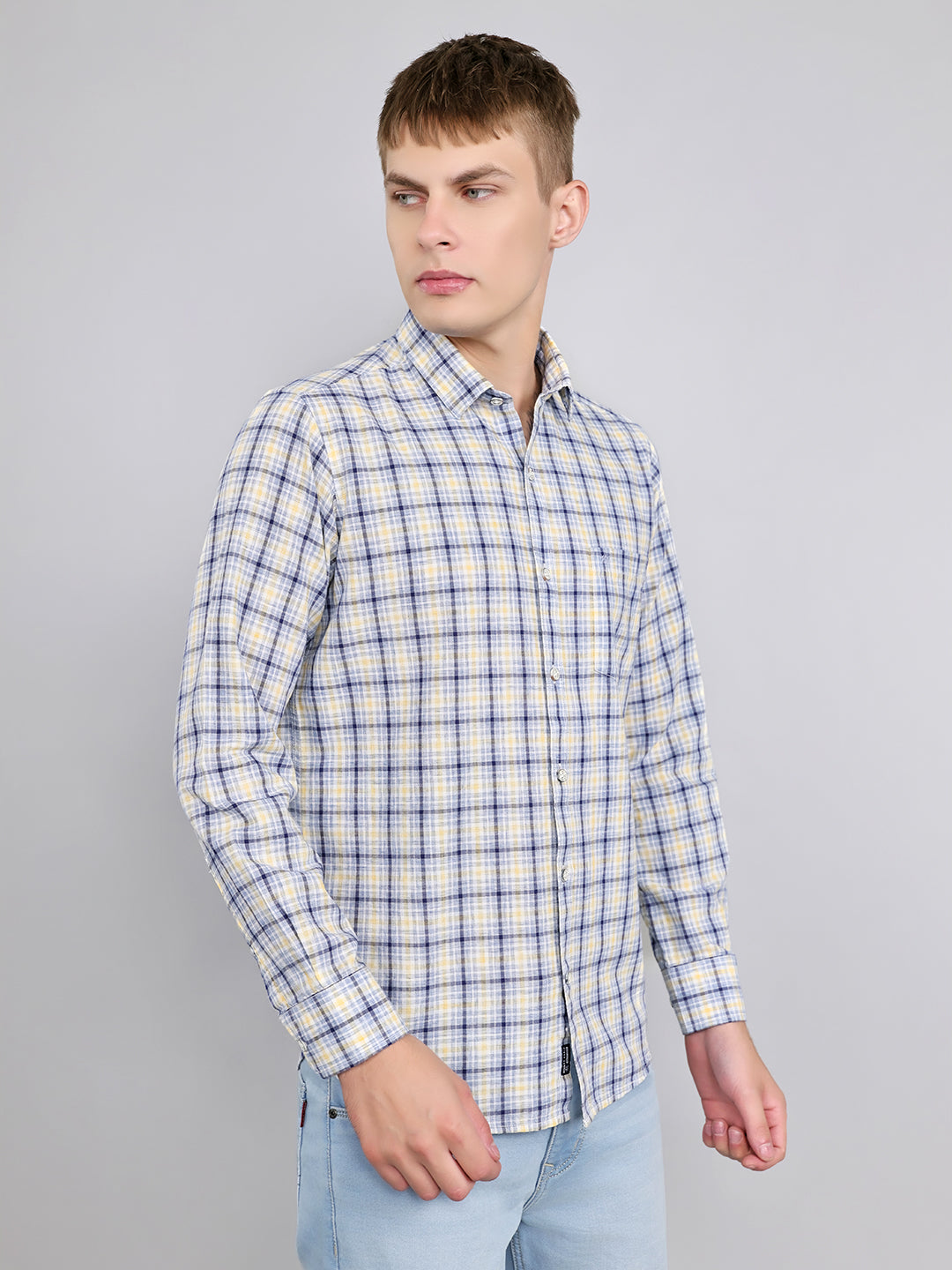 Men Blue Check Collar Full Sleeve Shirt