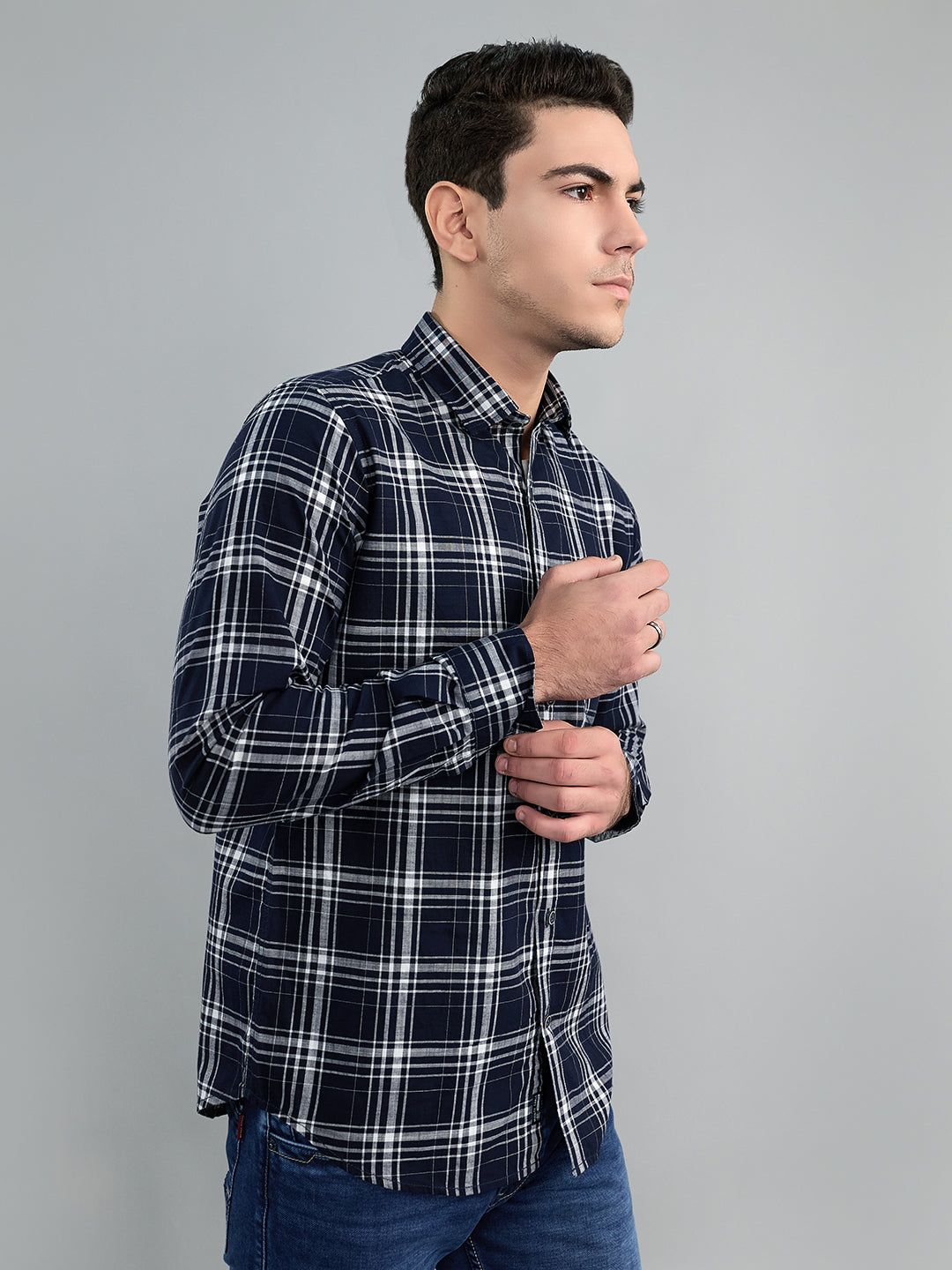 Men Navy Blue Check Collar Full Sleeve Shirt