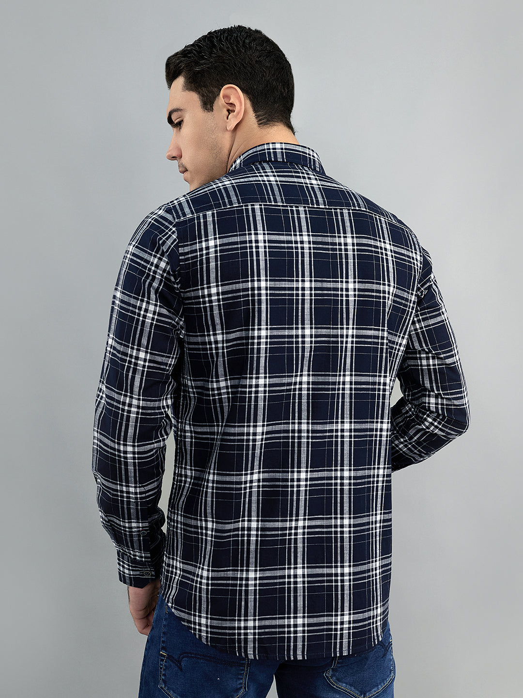 Men Navy Blue Check Collar Full Sleeve Shirt