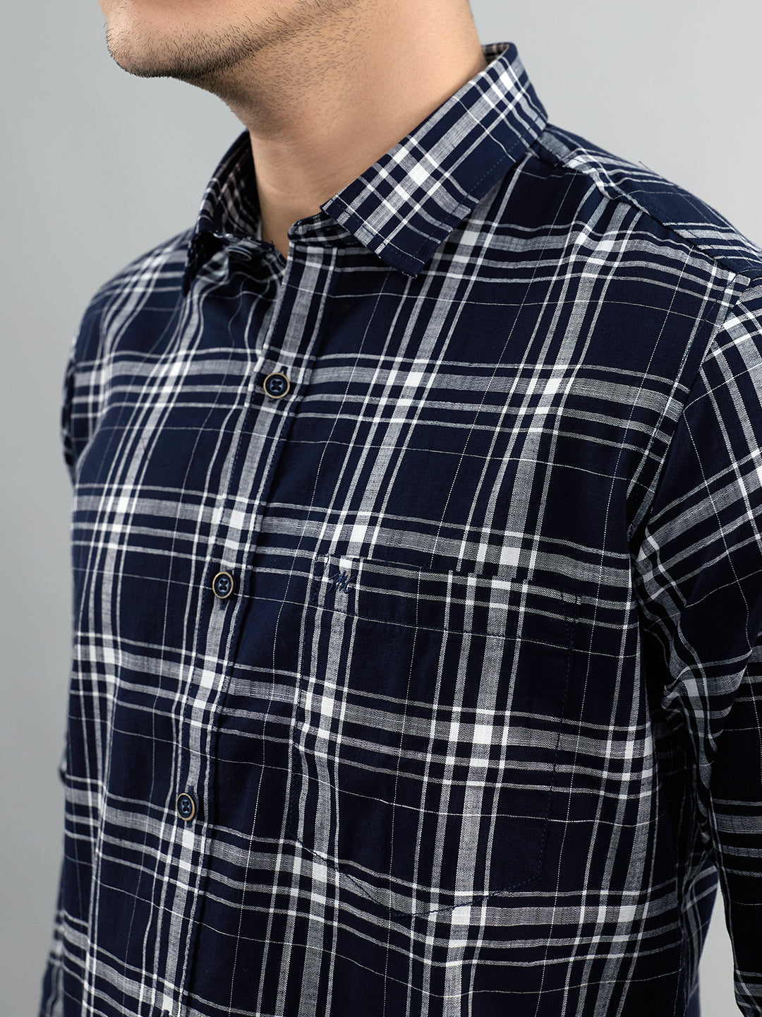 Men Navy Blue Check Collar Full Sleeve Shirt