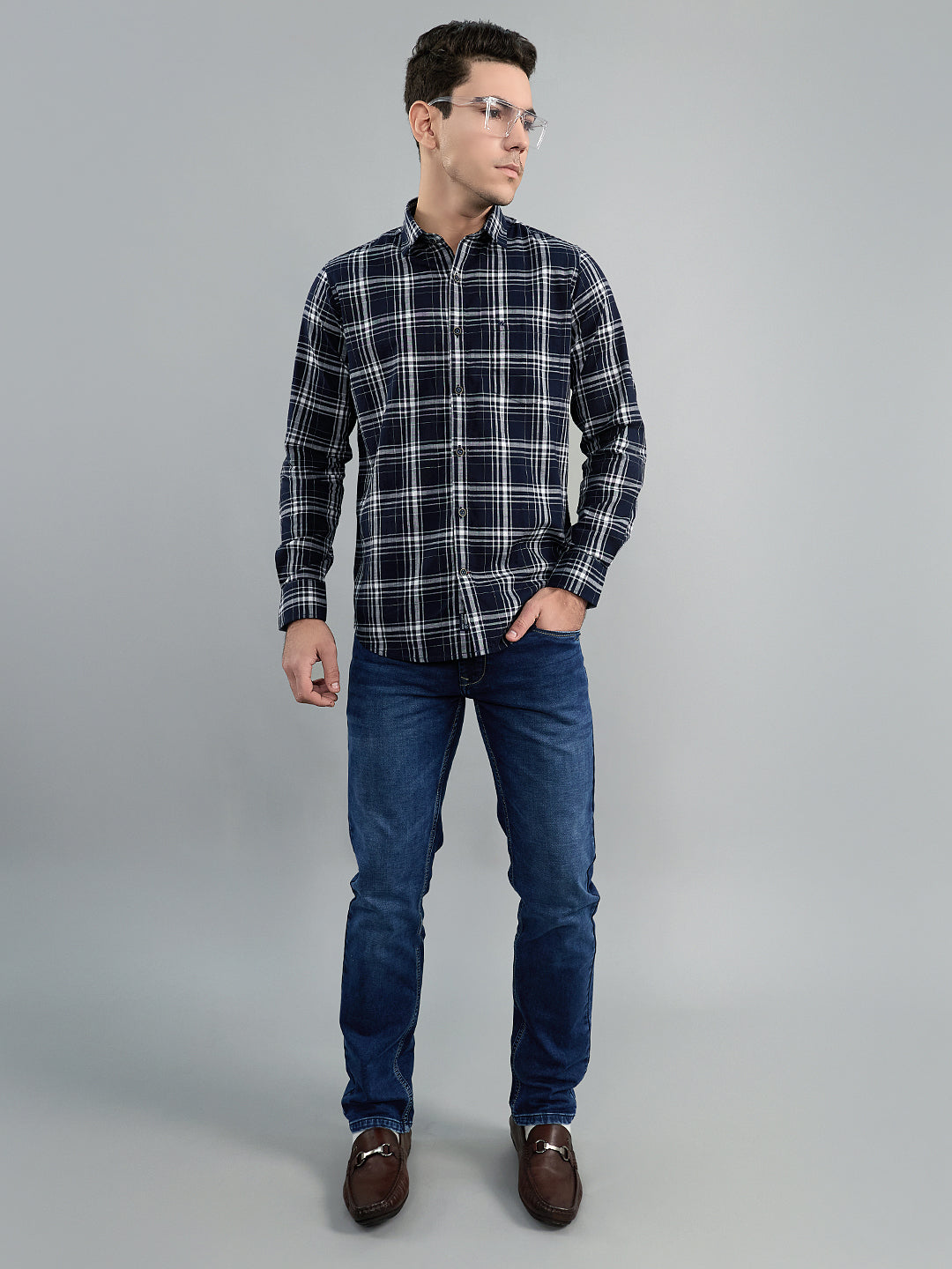 Men Navy Blue Check Collar Full Sleeve Shirt