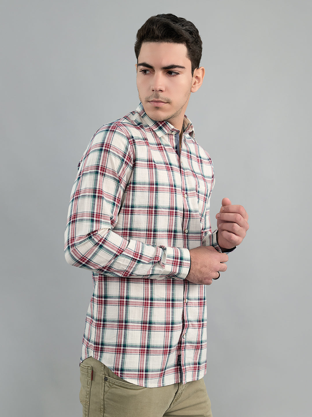Men White Check Collar Full Sleeve Shirt