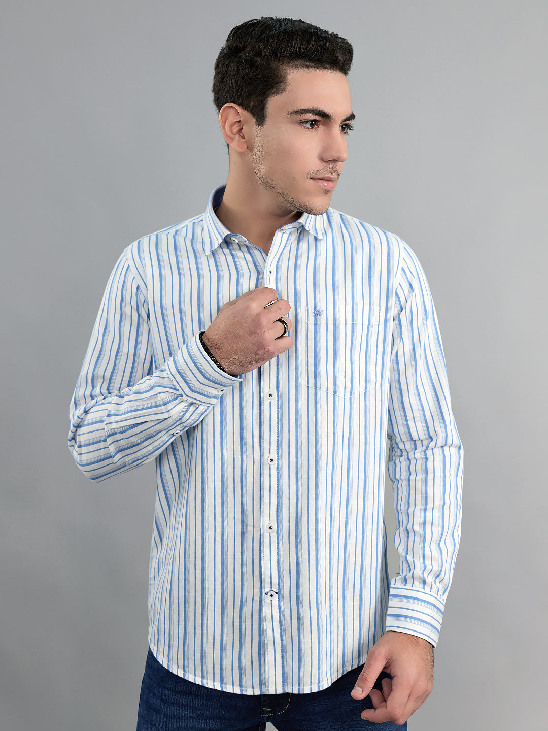 Men Blue Check Collar Full Sleeve Shirt