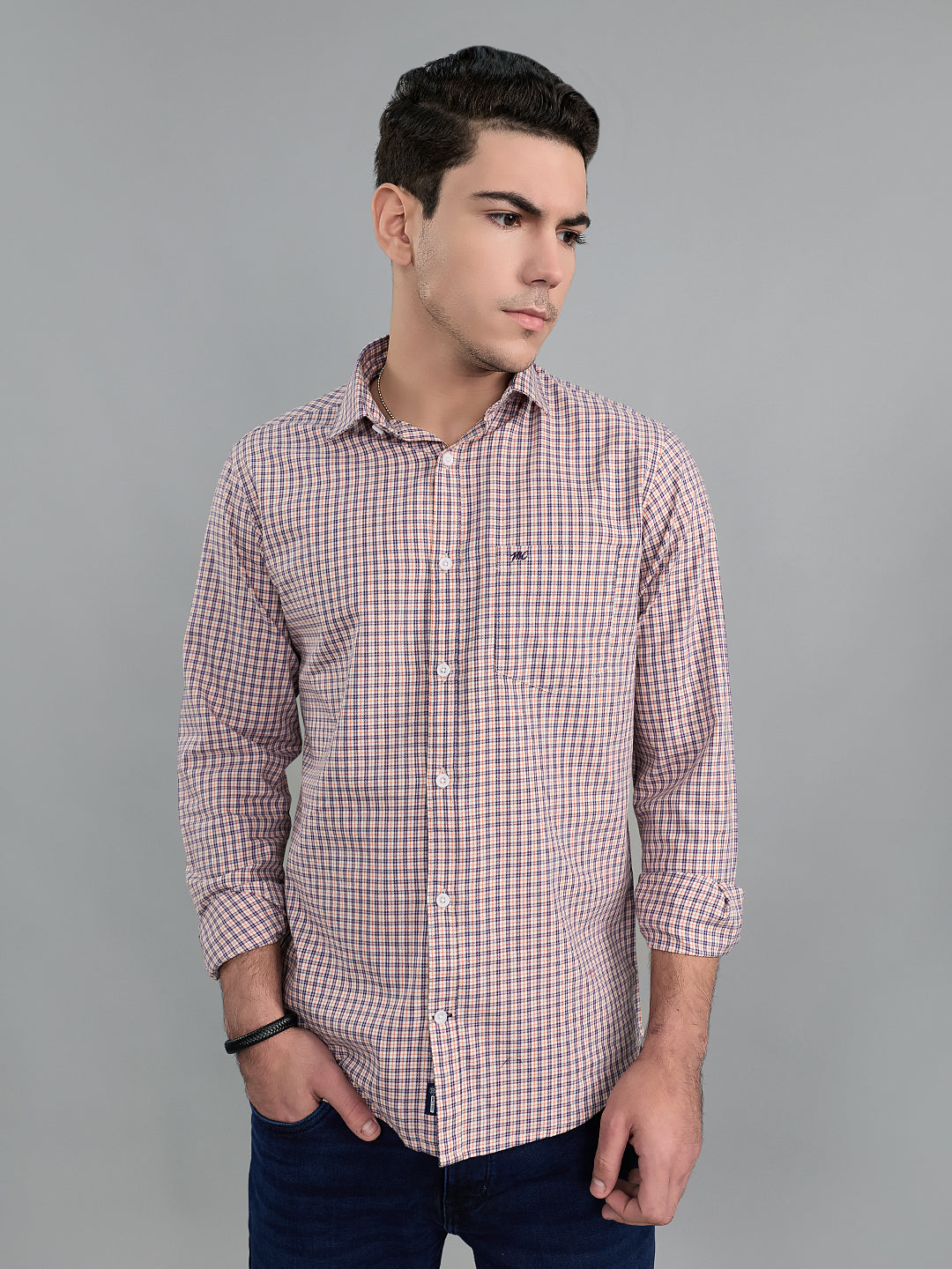Men Purple Check Collar Full Sleeve Shirt