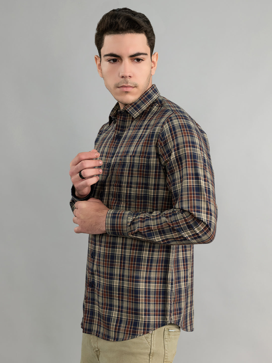 Men Brown Check Collar Full Sleeve Shirt