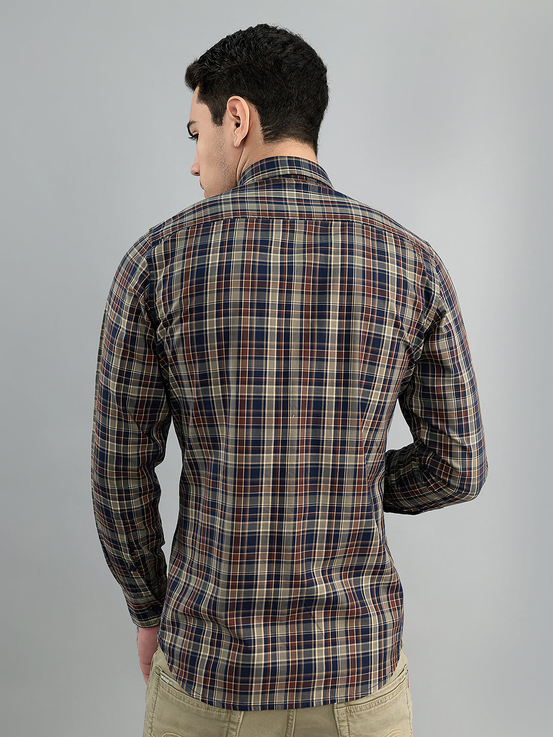 Men Brown Check Collar Full Sleeve Shirt