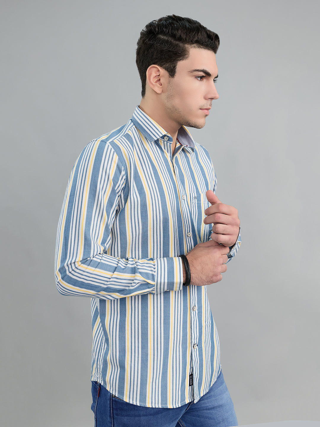 Men Grey Stripe Collar Full Sleeve Shirt