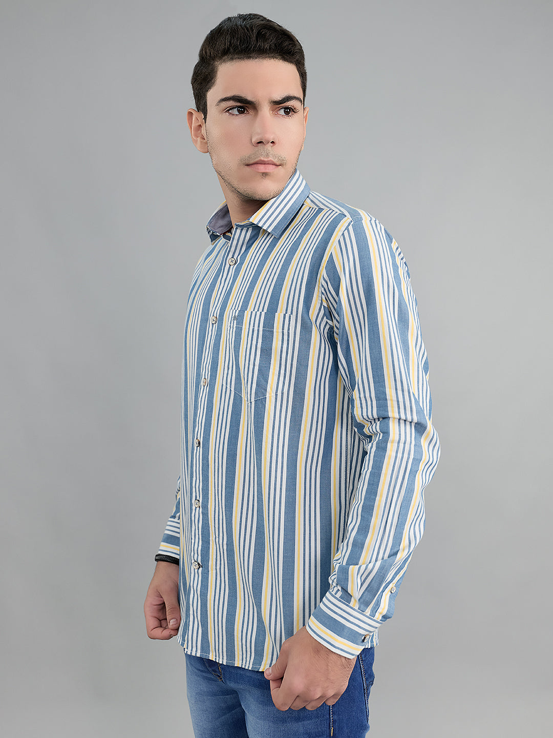 Men Grey Stripe Collar Full Sleeve Shirt