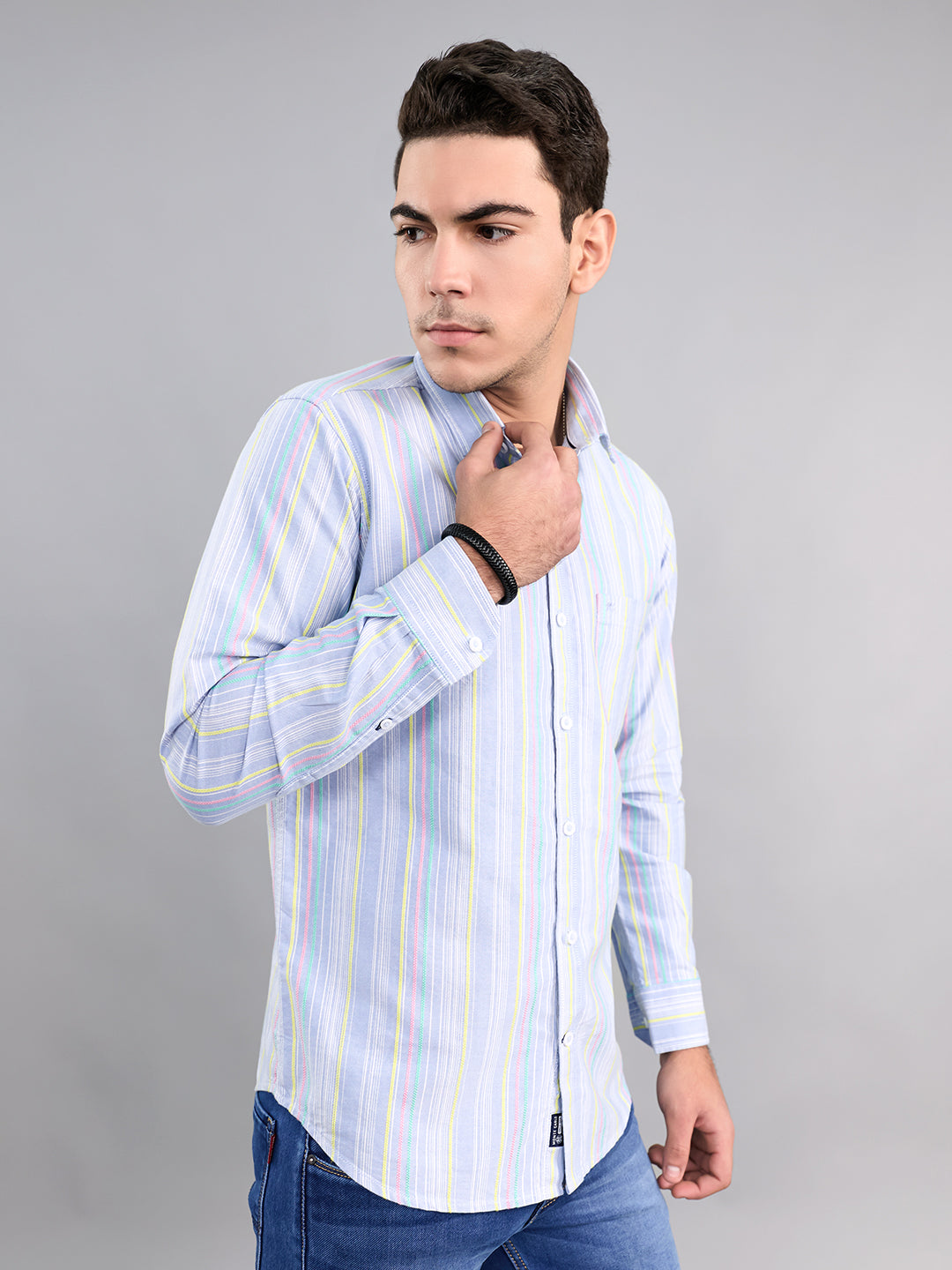 Men Sky Blue Stripe Collar Full Sleeve Shirt