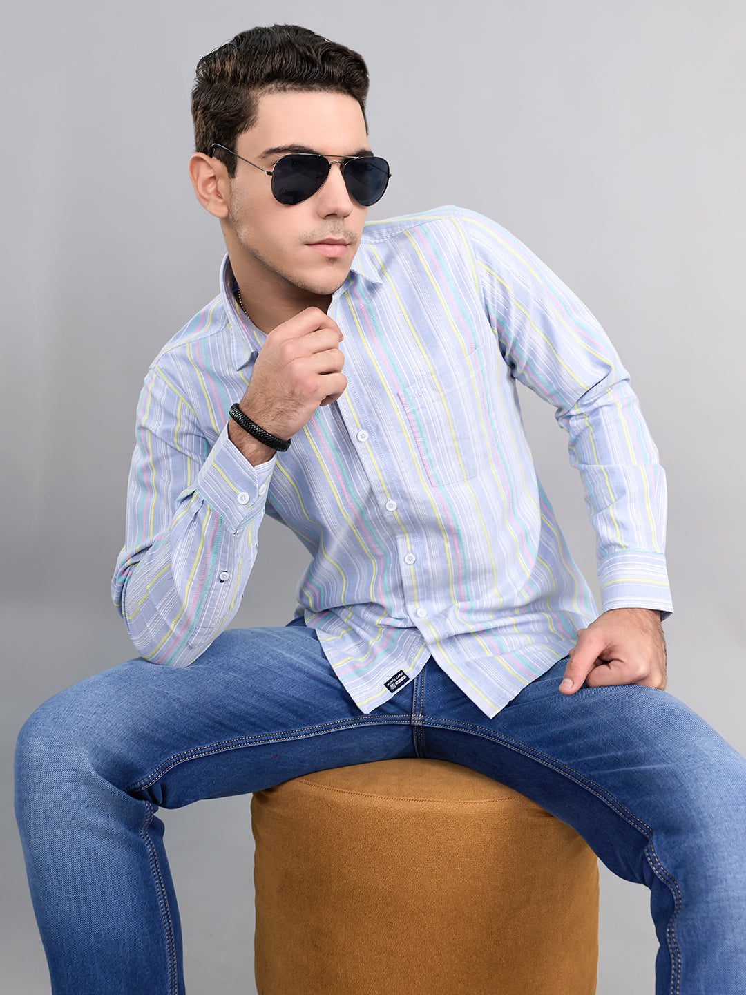 Men Sky Blue Stripe Collar Full Sleeve Shirt