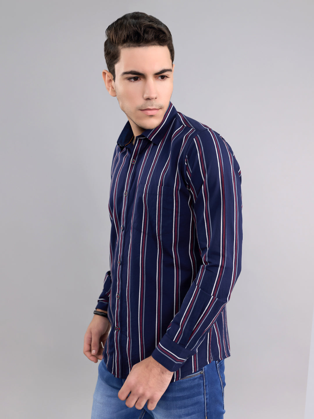 Men Navy Blue Stripe Collar Full Sleeve Shirt