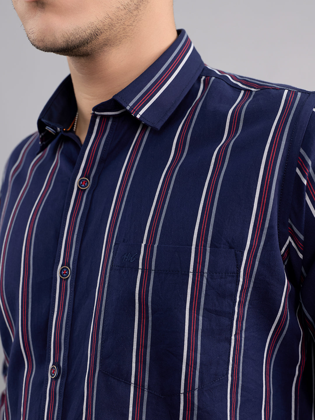 Men Navy Blue Stripe Collar Full Sleeve Shirt