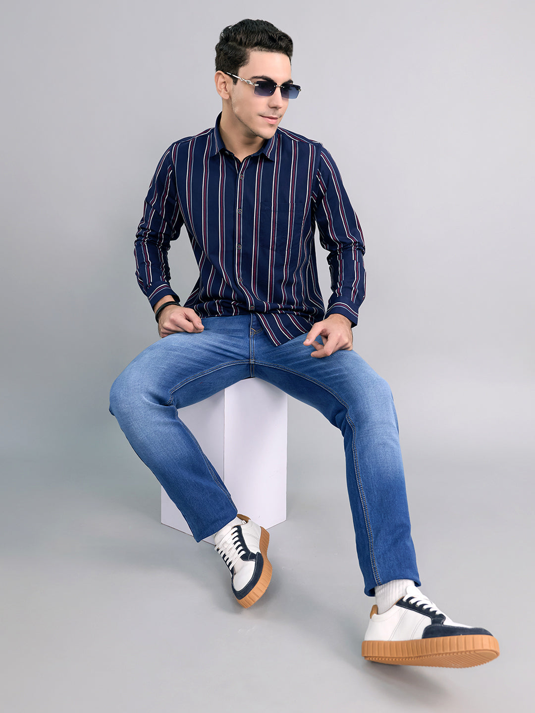 Men Navy Blue Stripe Collar Full Sleeve Shirt