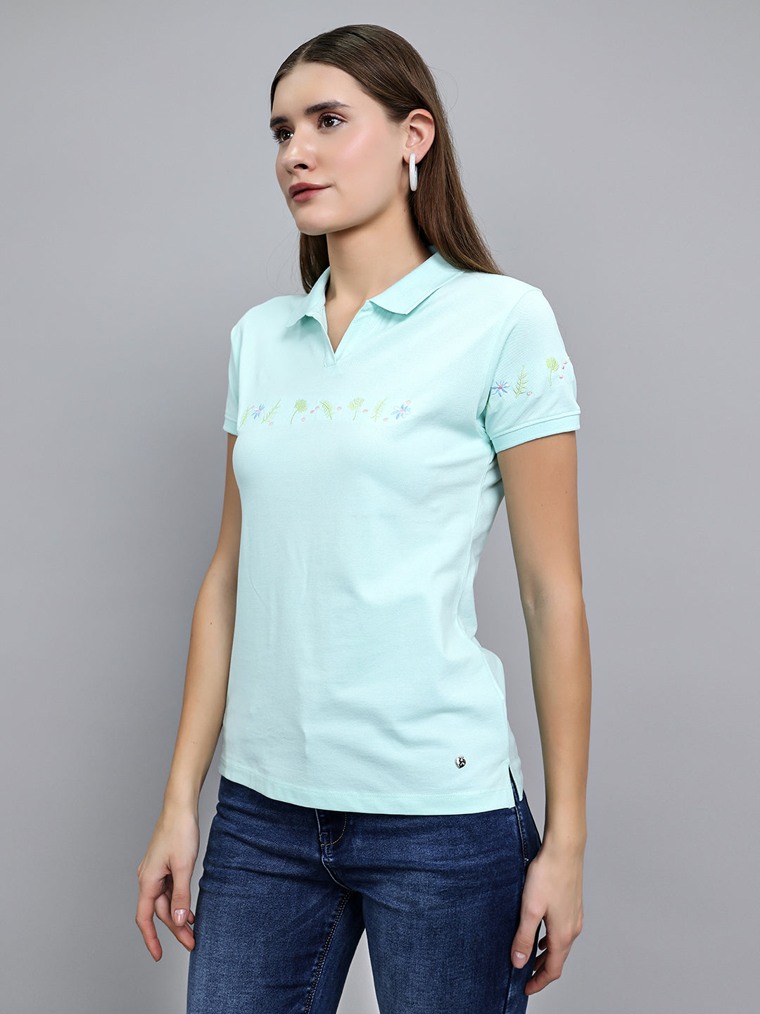 Women Sea Green Solid Collar Half Sleeve T-Shirt