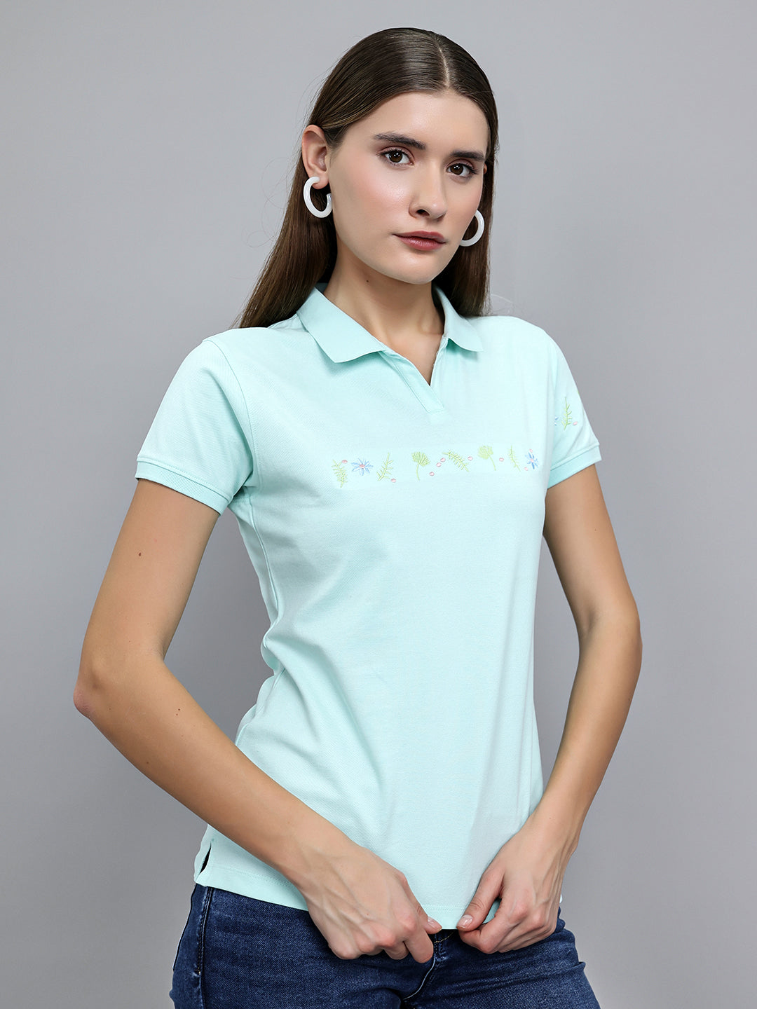 Women Sea Green Solid Collar Half Sleeve T-Shirt
