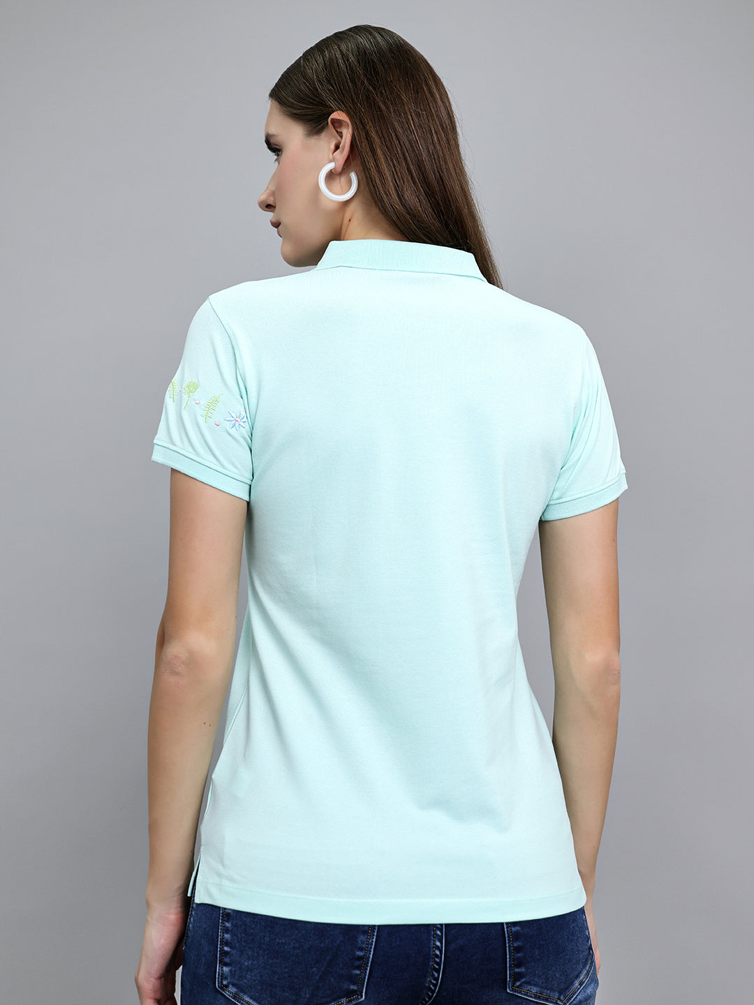 Women Sea Green Solid Collar Half Sleeve T-Shirt