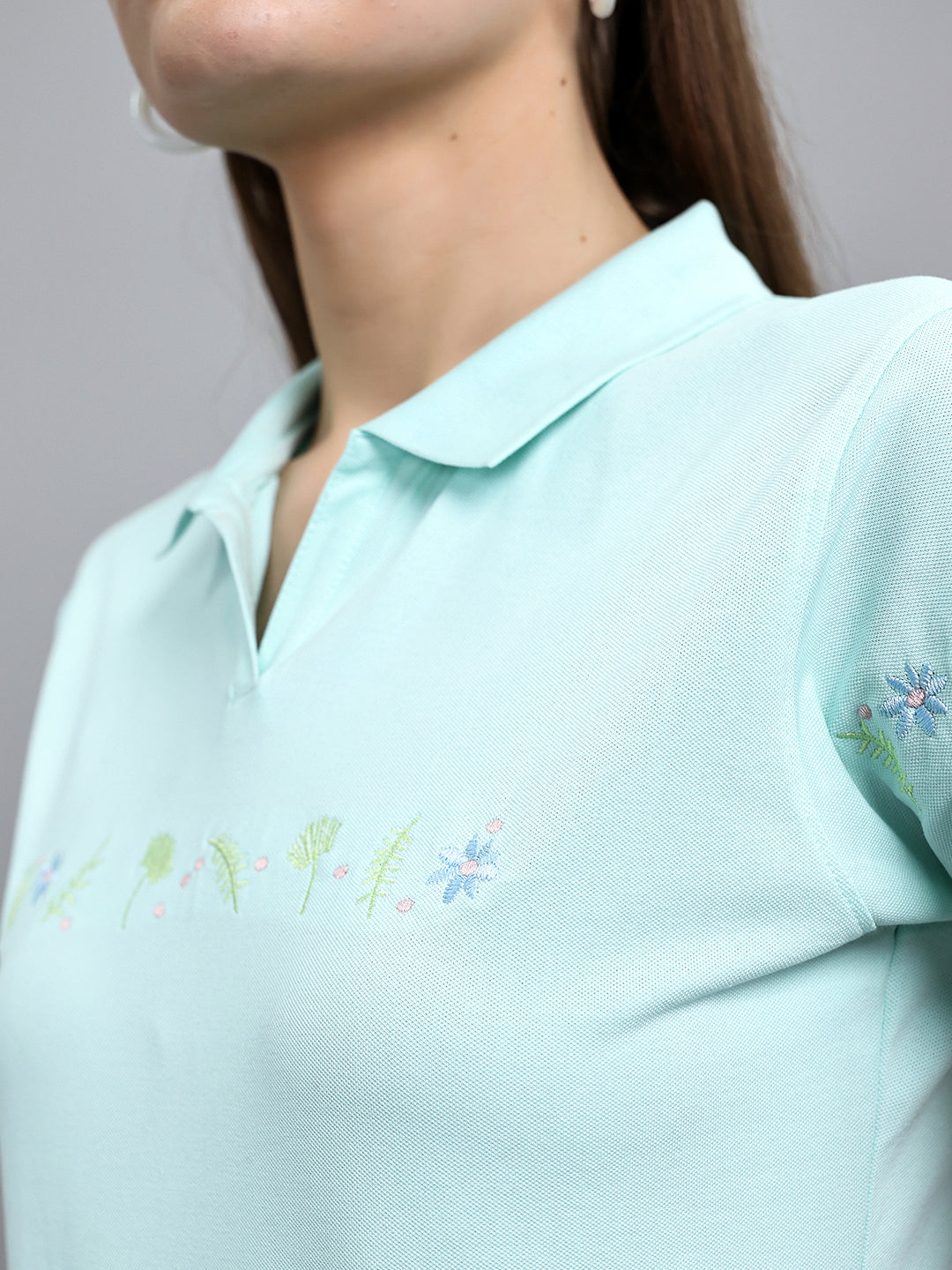 Women Sea Green Solid Collar Half Sleeve T-Shirt