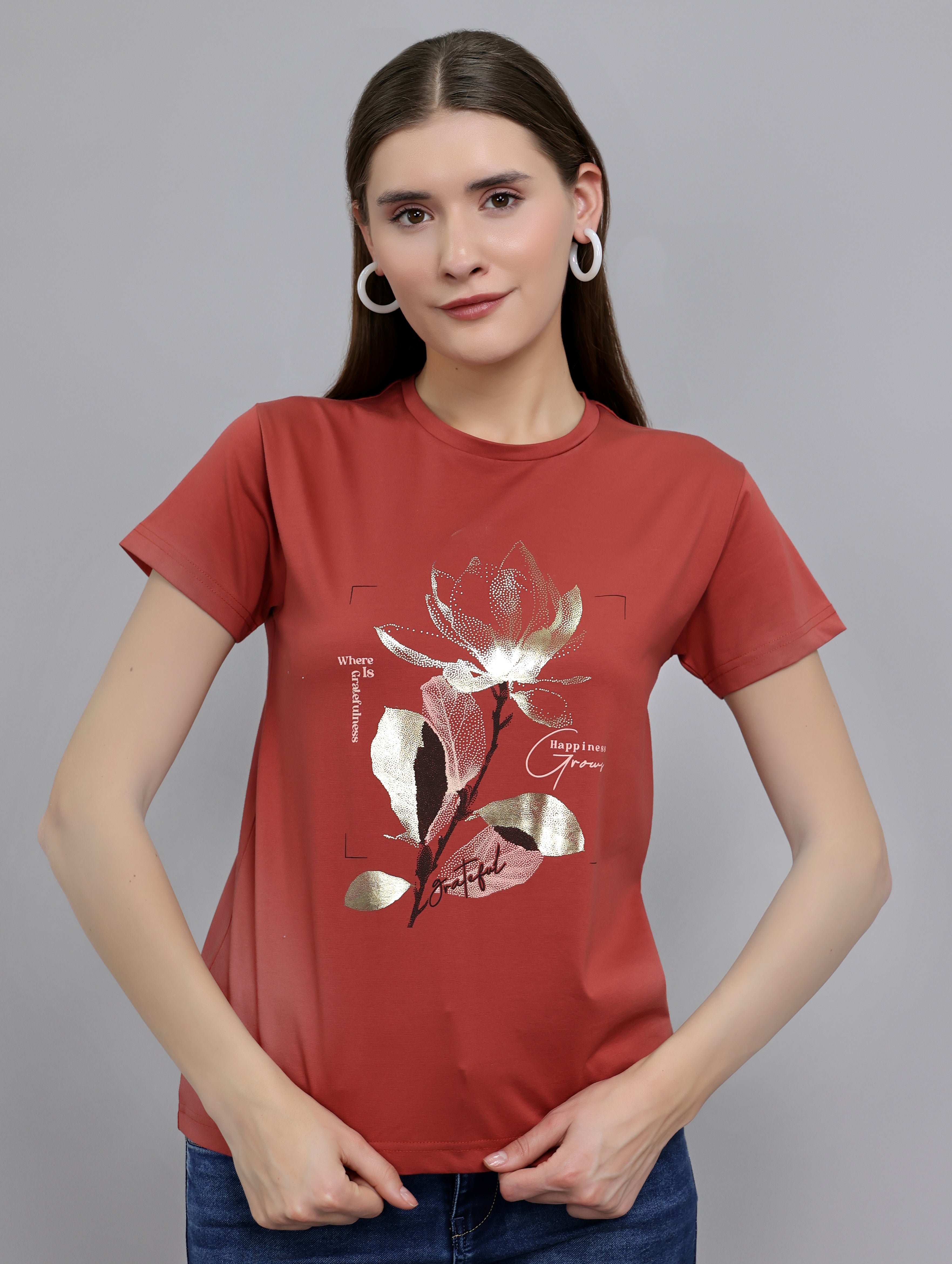 Women Rust Printed Round Neck Half Sleeve Top