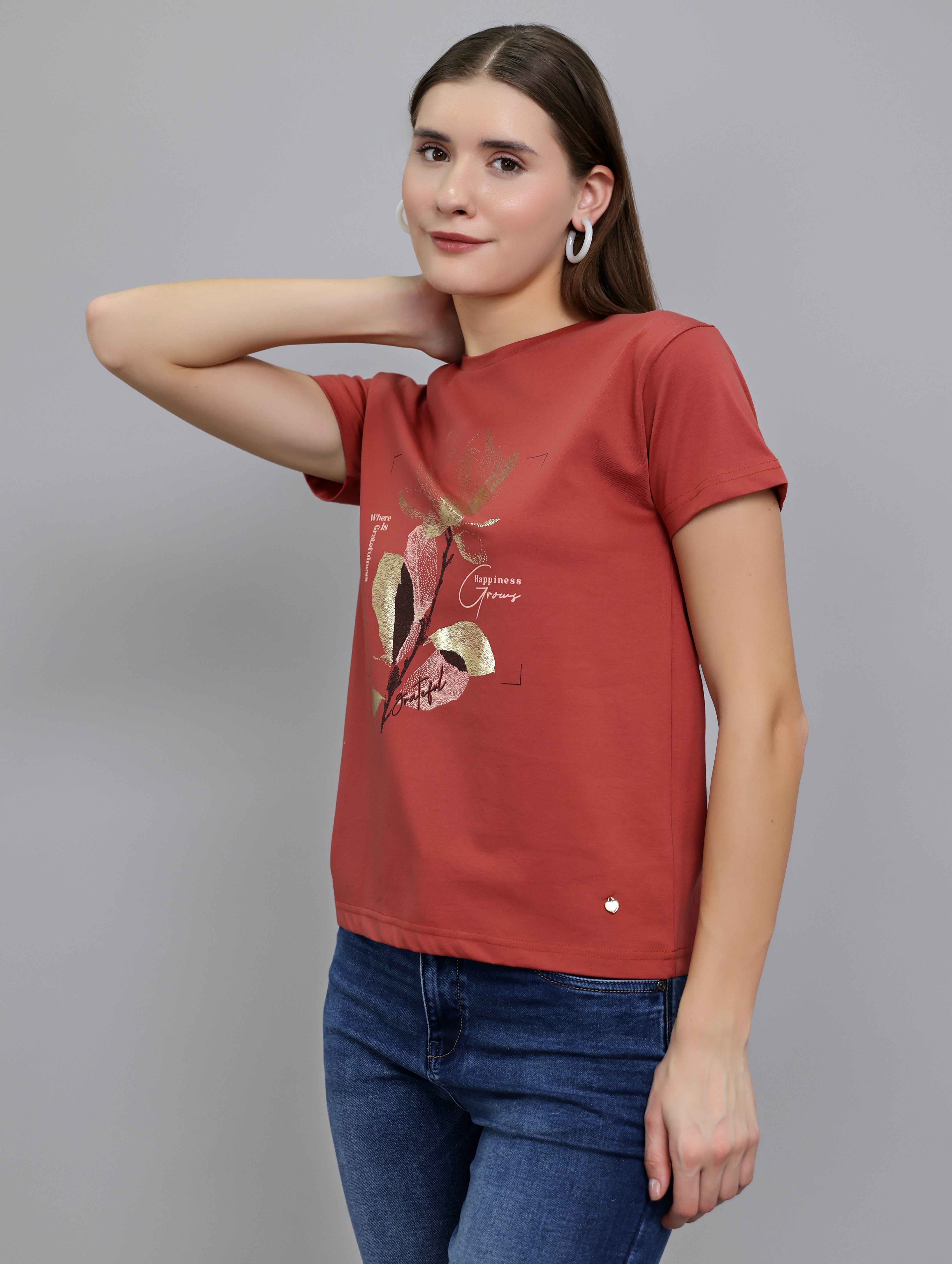 Women Rust Printed Round Neck Half Sleeve Top