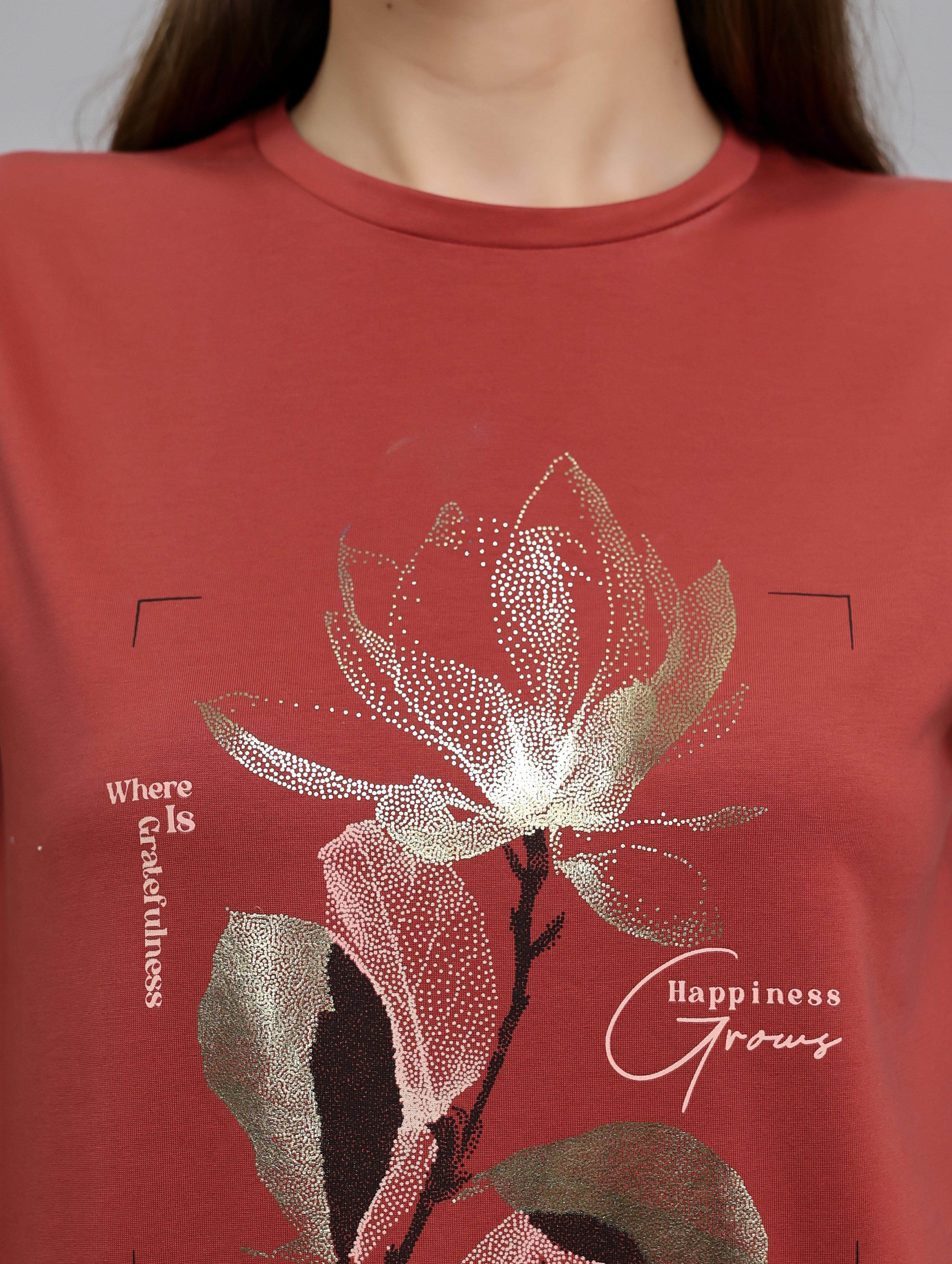 Women Rust Printed Round Neck Half Sleeve Top