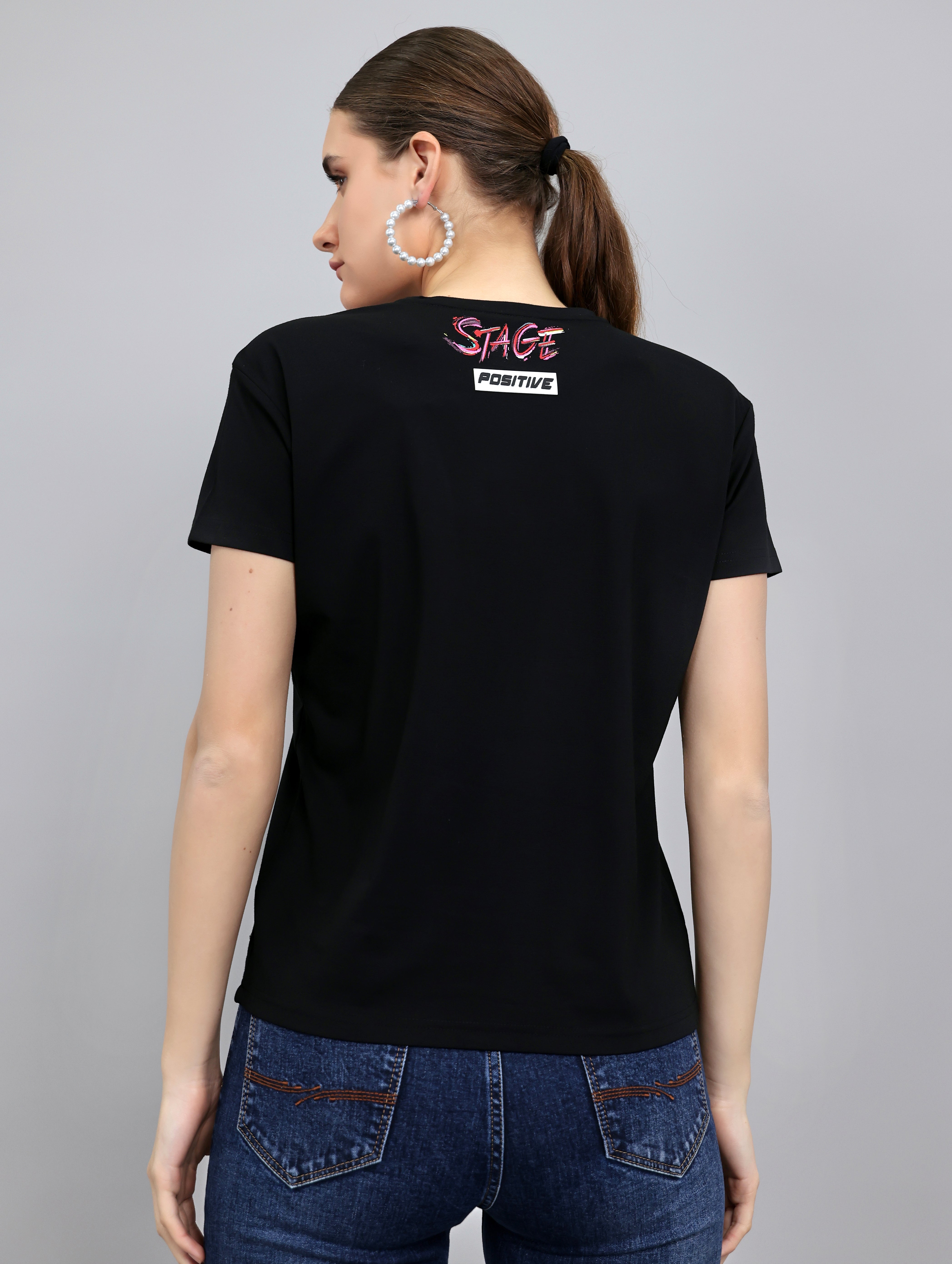 Women Black Printed Round Neck Half Sleeve Top
