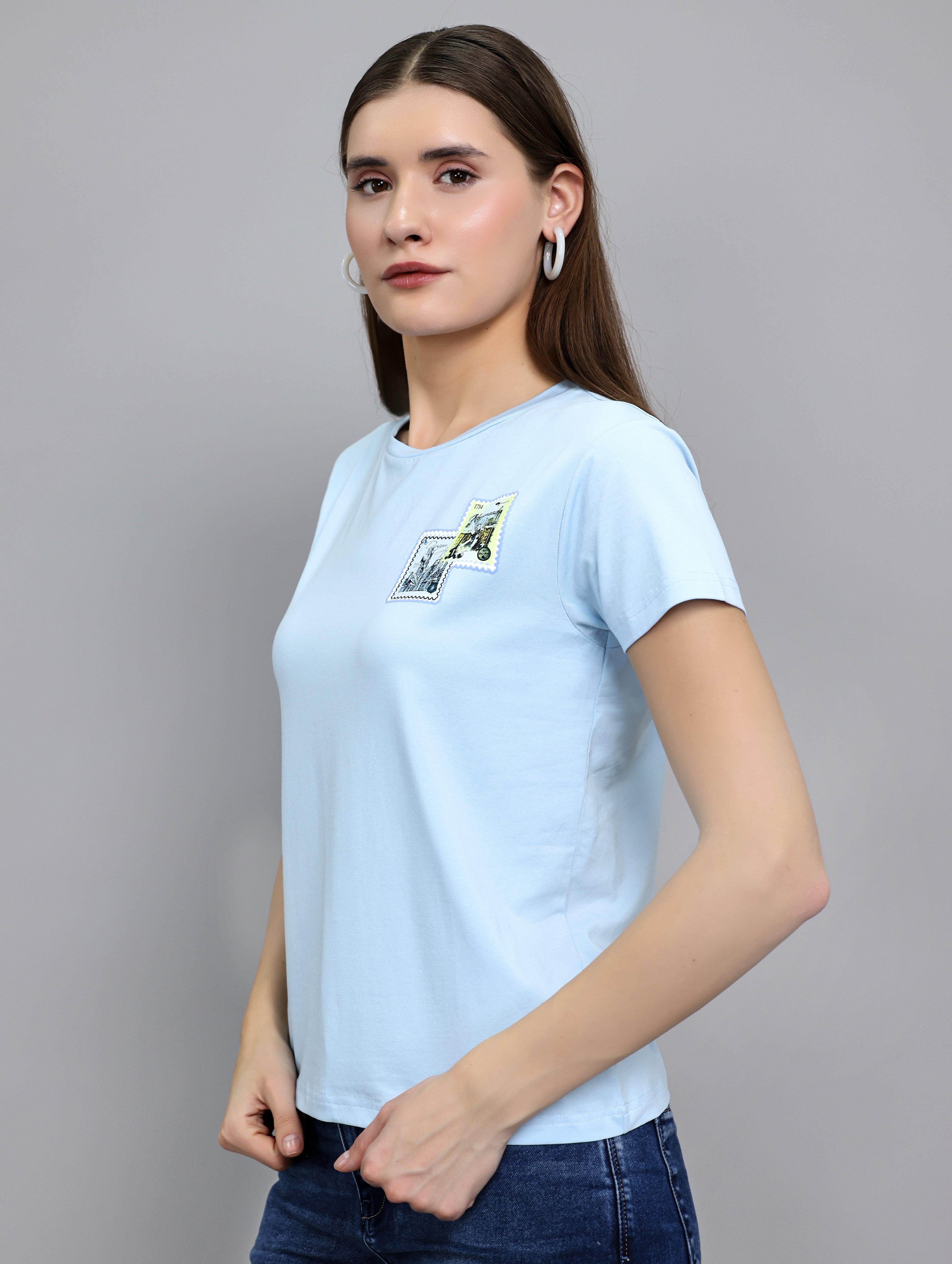 Women Sky Blue Printed Round Neck Half Sleeve Top