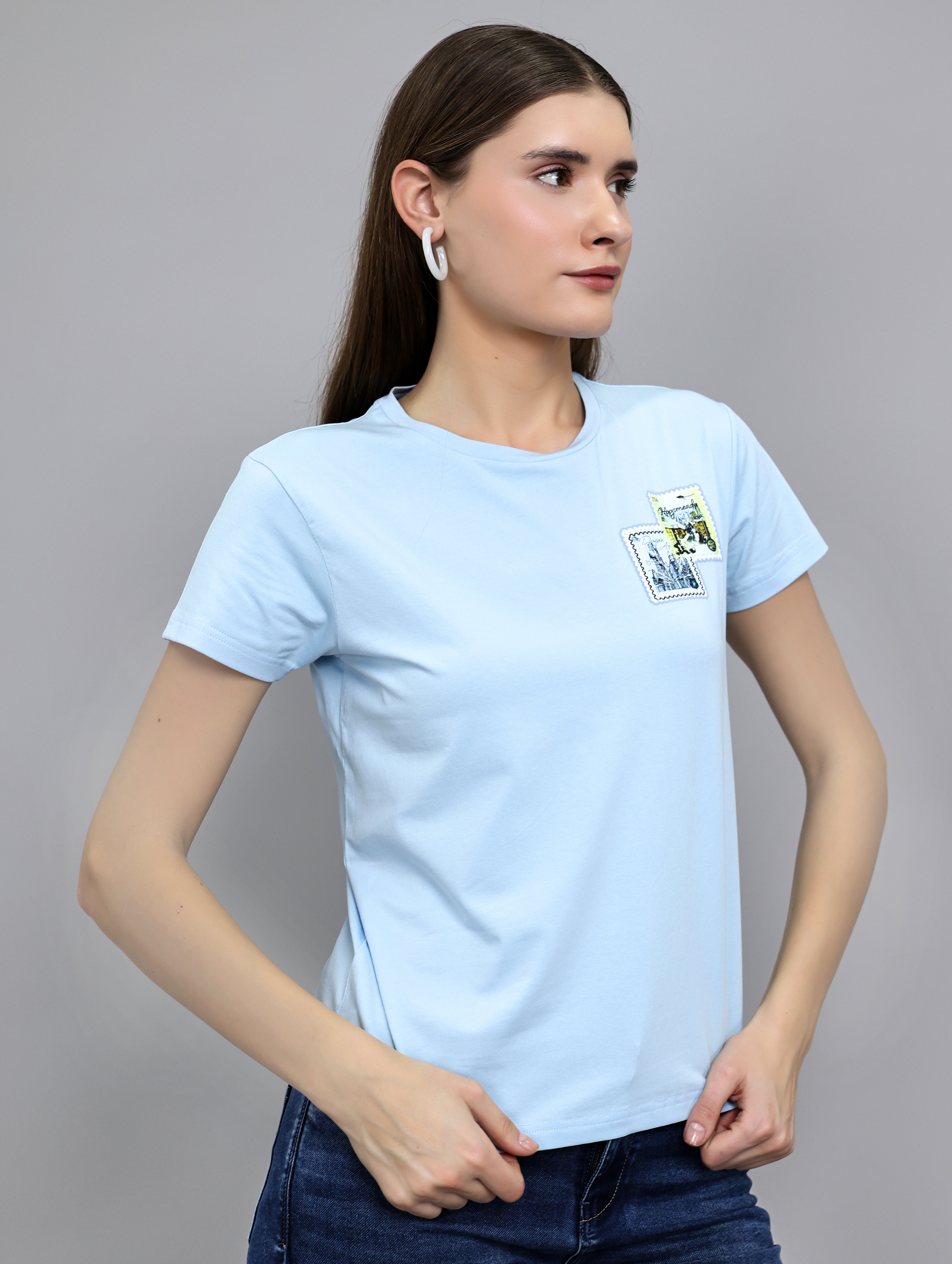 Women Sky Blue Printed Round Neck Half Sleeve Top