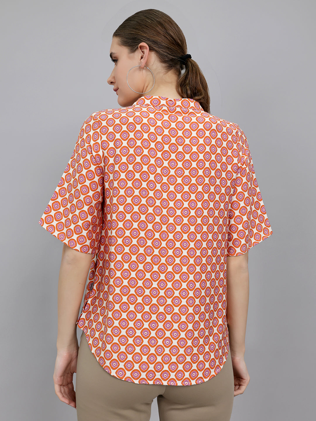 Women Orange Printed V Neck 3/4th Sleeve Top