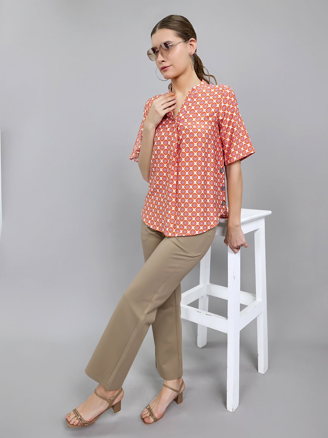 Women Orange Printed V Neck 3/4th Sleeve Top