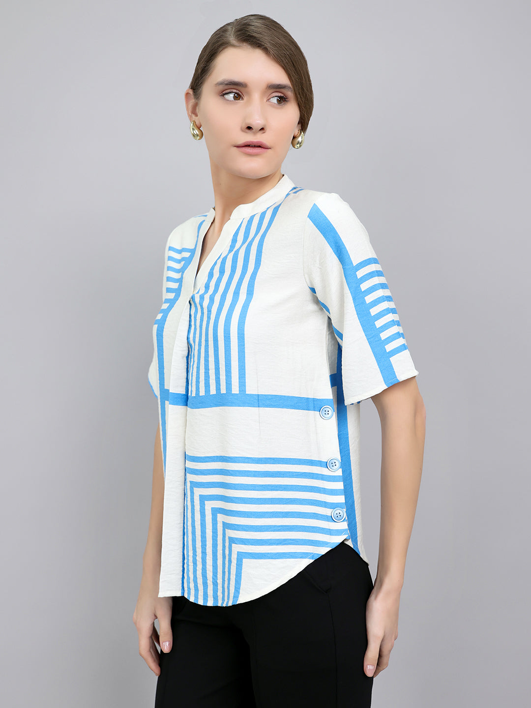 Women Blue Stripe V Neck 3/4th Sleeve Top