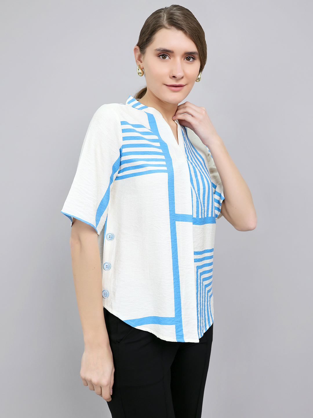 Women Blue Stripe V Neck 3/4th Sleeve Top