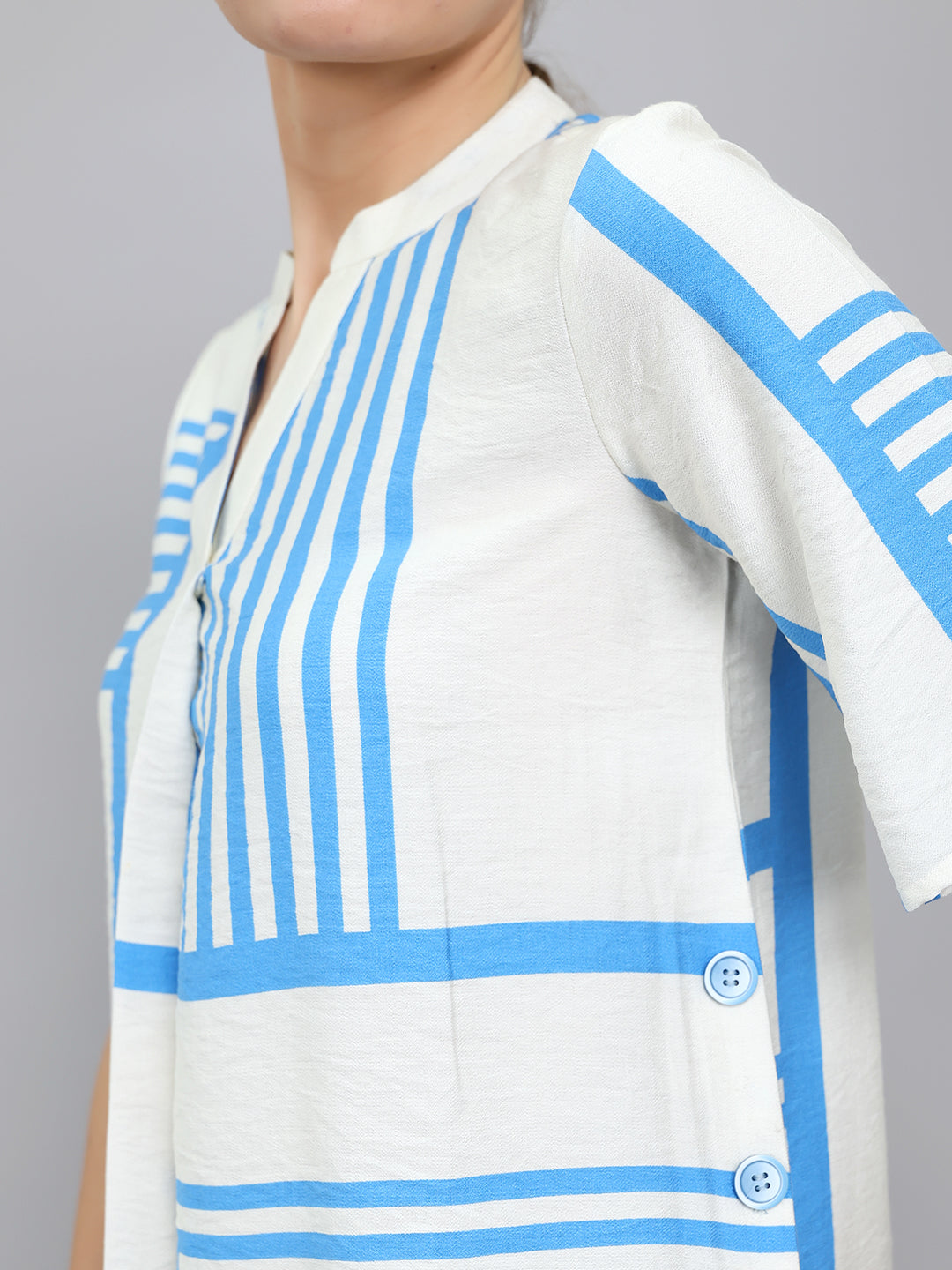 Women Blue Stripe V Neck 3/4th Sleeve Top