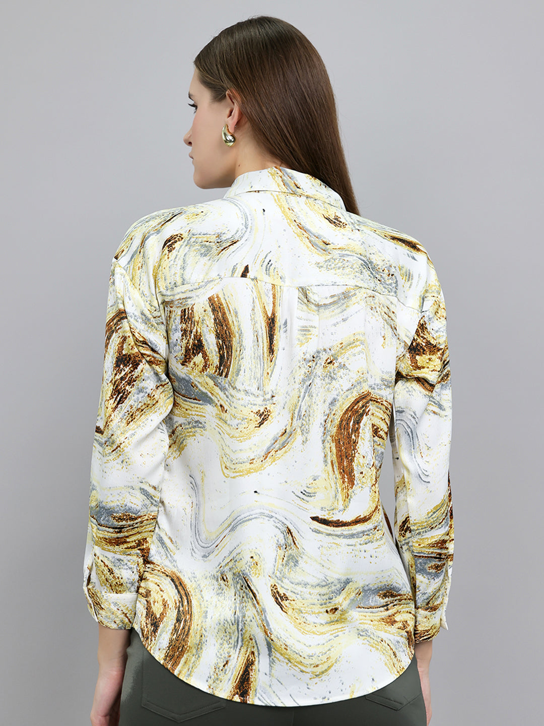 Women Cream Printed Collar Full Sleeve Top