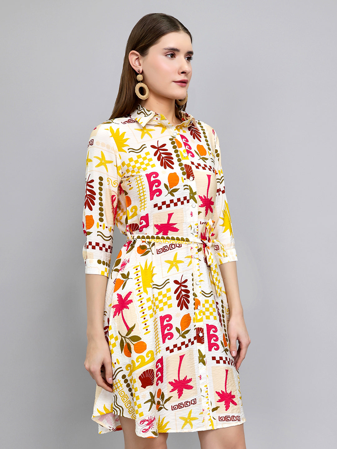 Women Yellow Printed Front Open 3/4th Sleeve Tunic