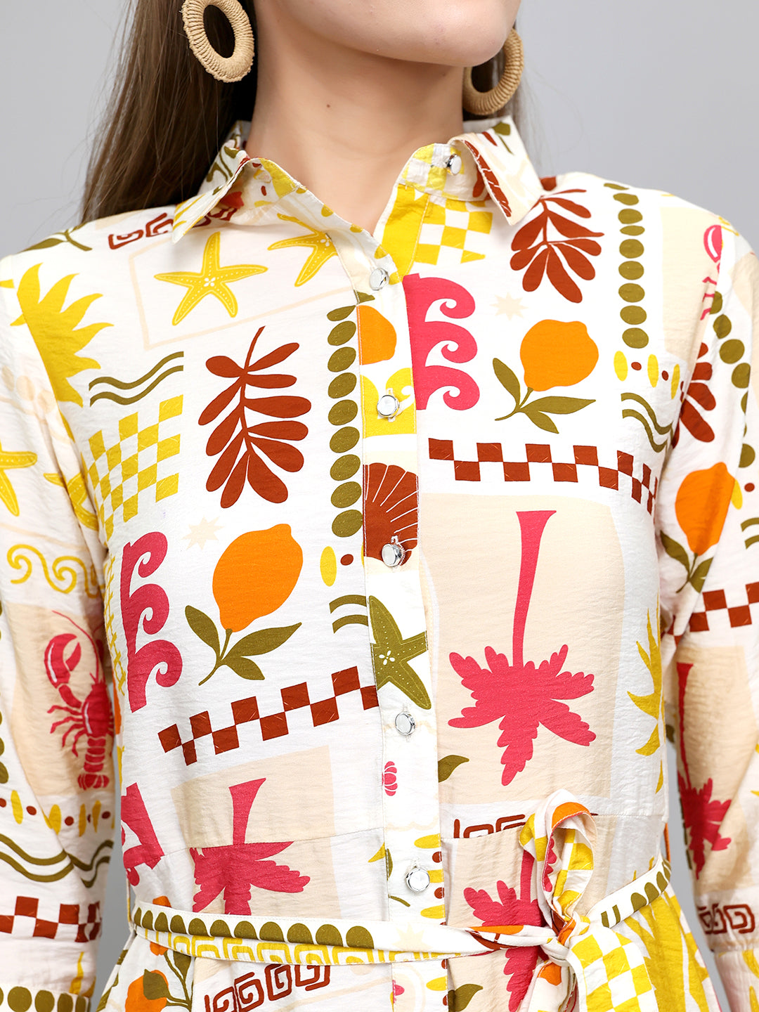 Women Yellow Printed Front Open 3/4th Sleeve Tunic